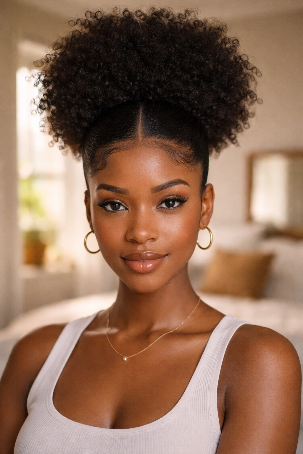 Close-up of a real woman showing high afro puff with a middle-front part