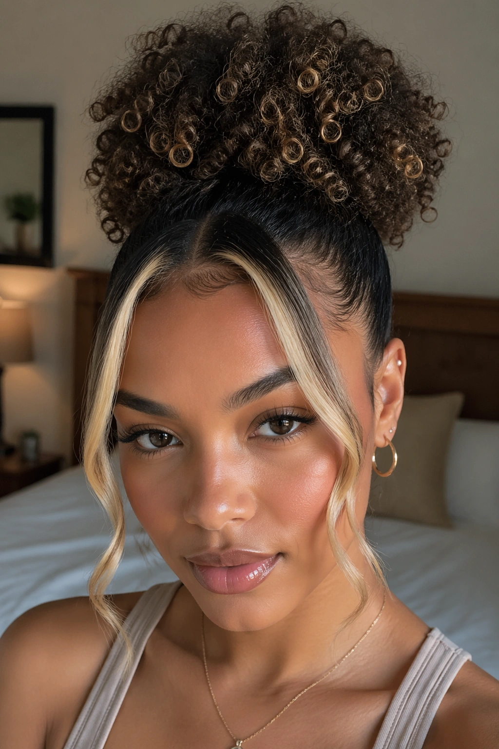 Close-up of real woman with chunky blonde money piece on a high puff, face illuminated