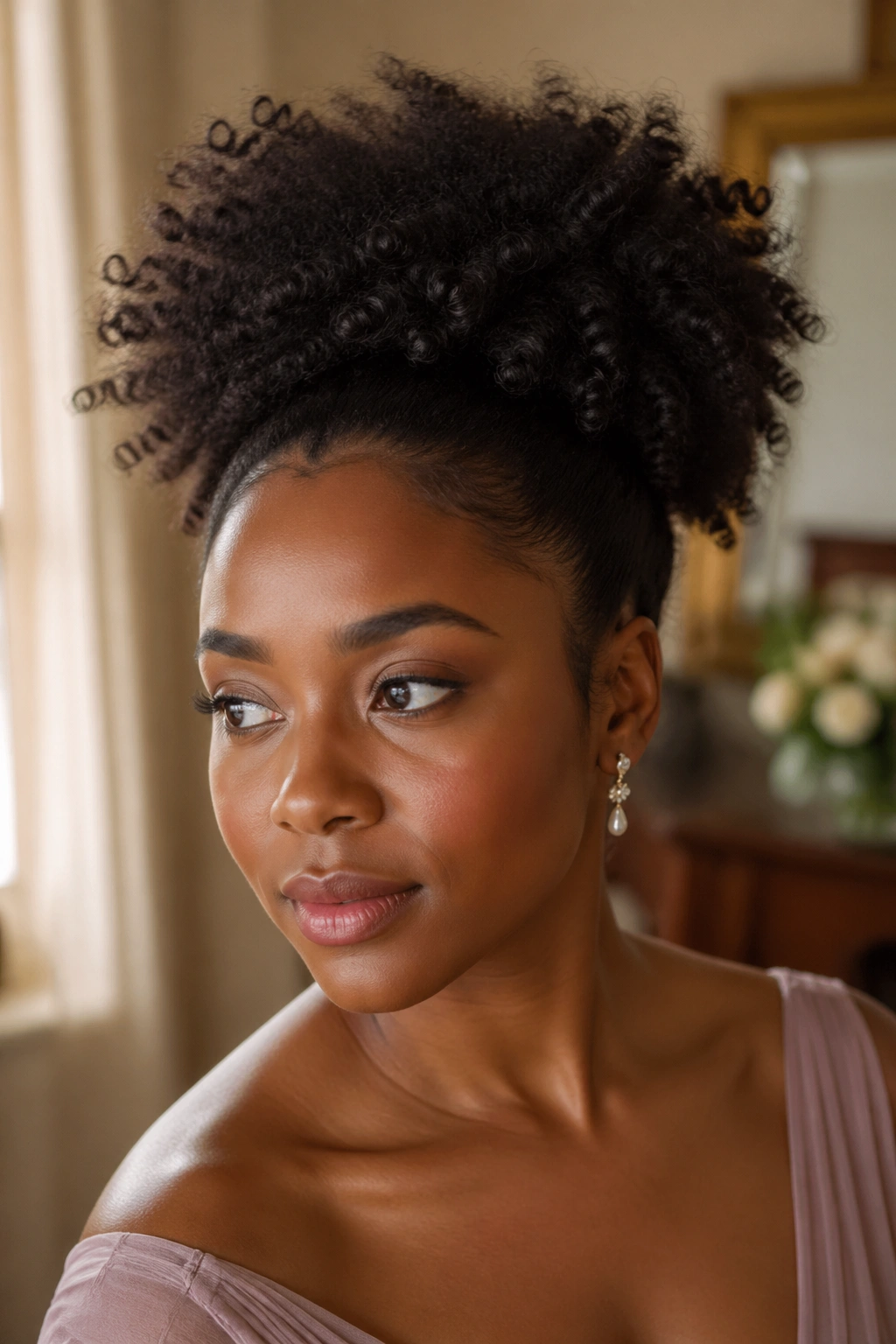 Portrait of a woman with a high natural puff hairstyle in bridal setting