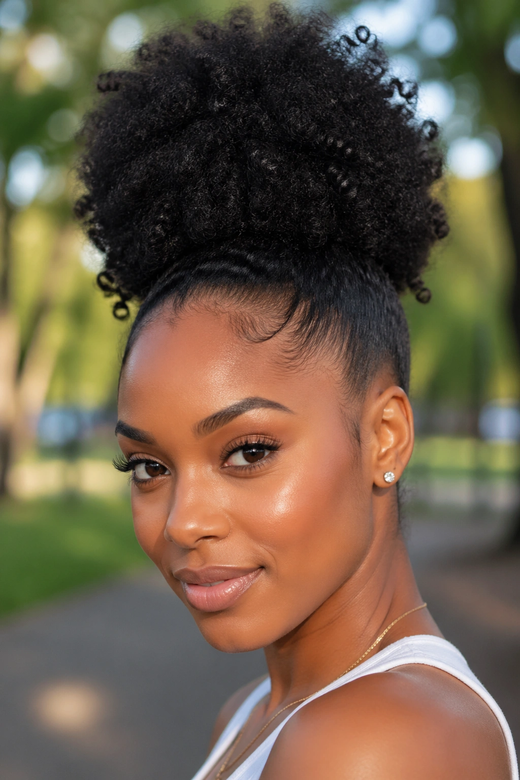 Close-up of a real person with a high puff at the crown in an outdoor setting
