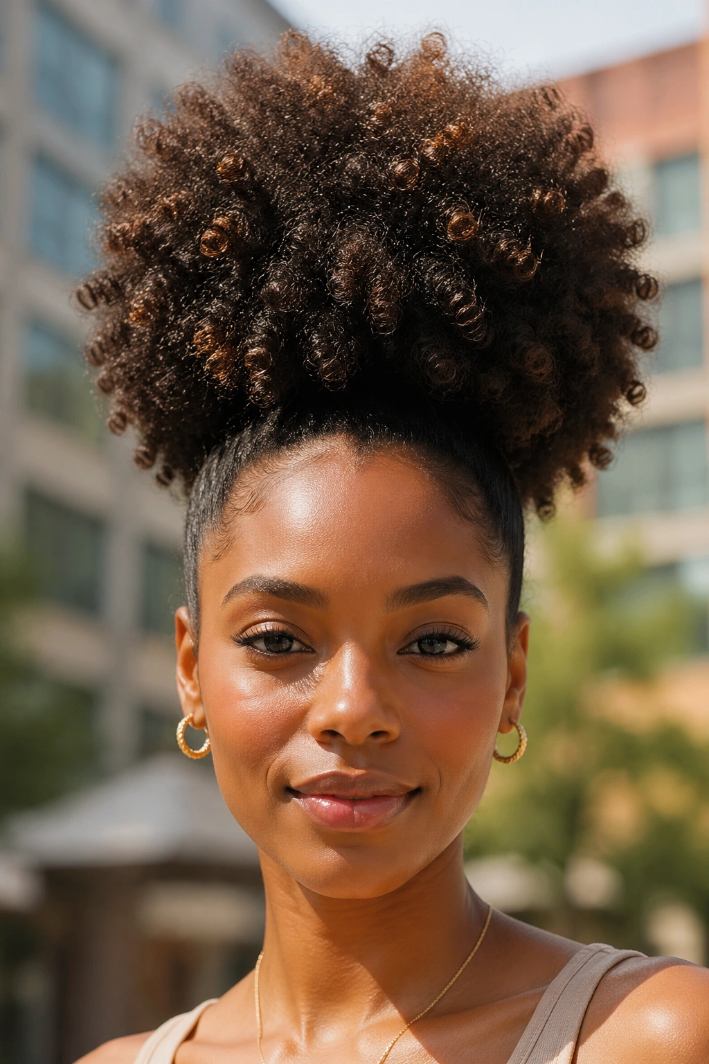Front-facing portrait of a real person with a dramatic fluffy high puff hairstyle.