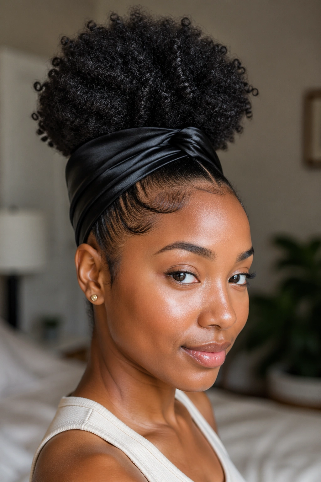 Close-up of a real woman with a high puff crown hairstyle