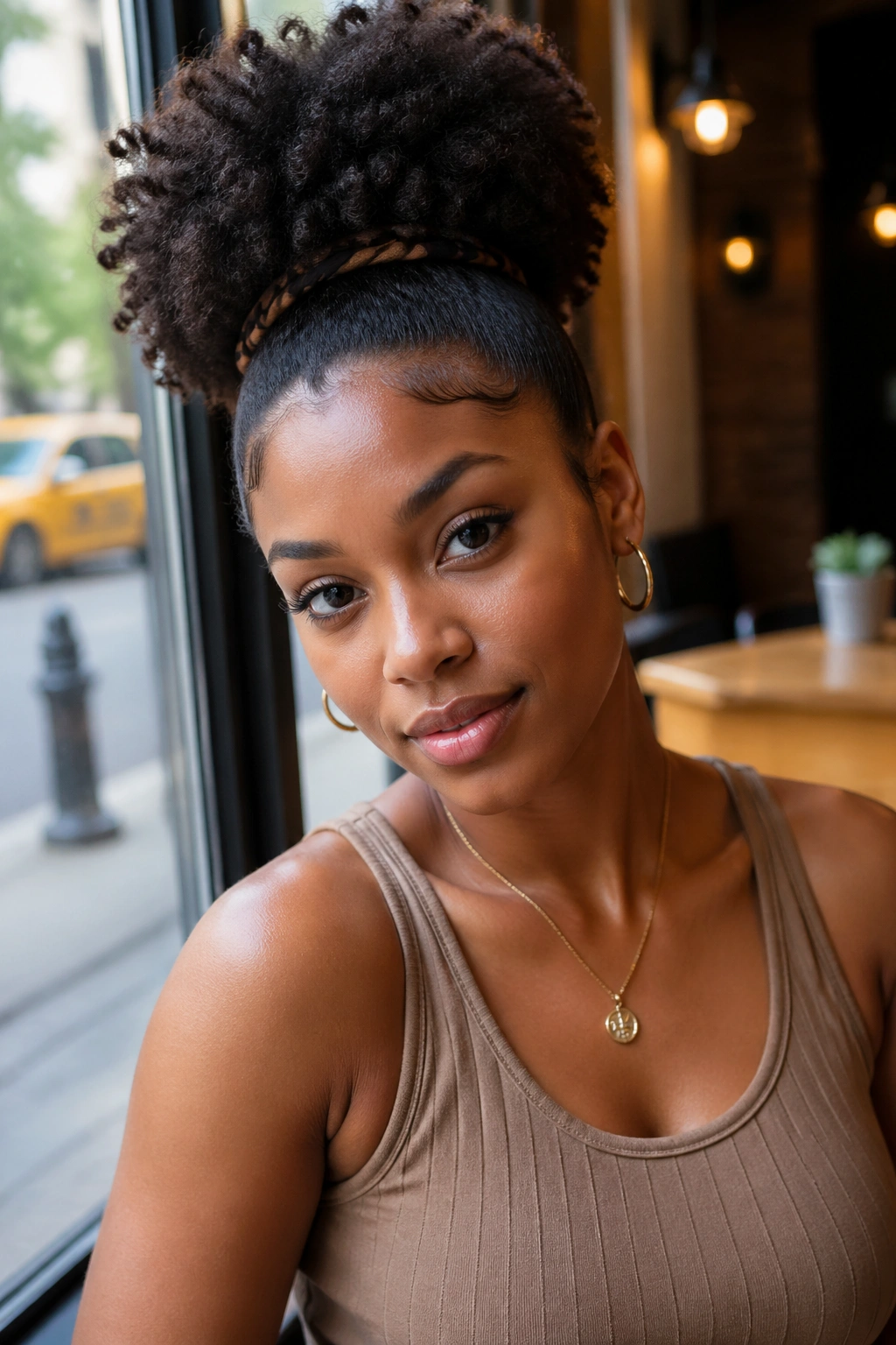 Real woman with a bold high puff hairstyle in natural cafe light.