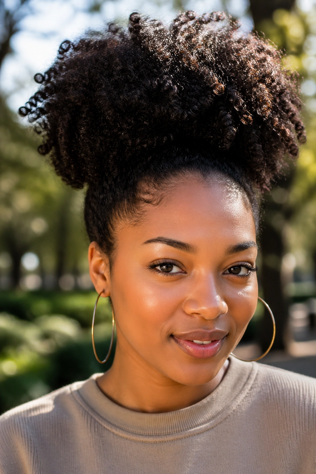 Close-up of a curly high puff hairstyle on a real woman outdoors
