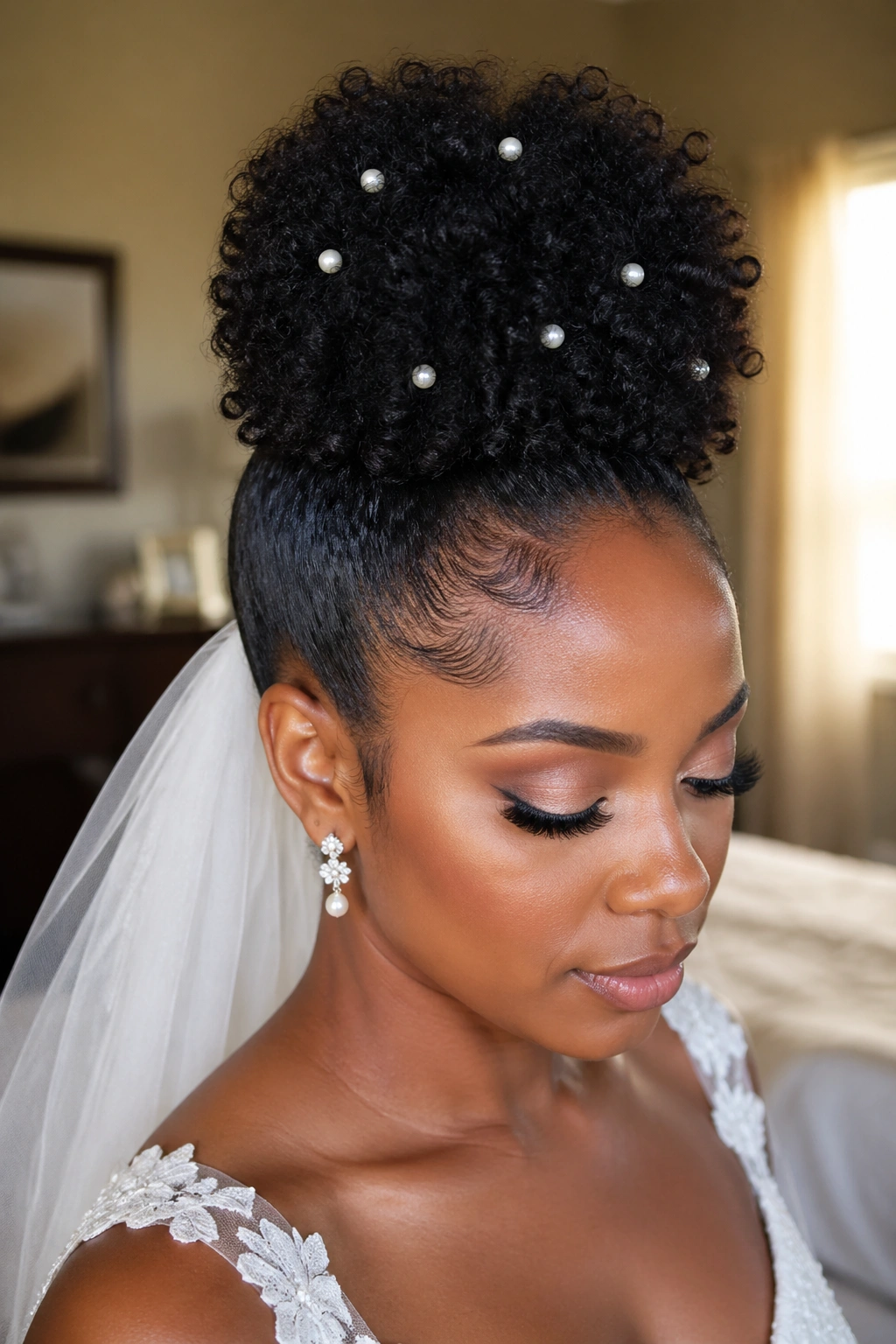 Close-up of a real bride with a high puff and pearl pins.
