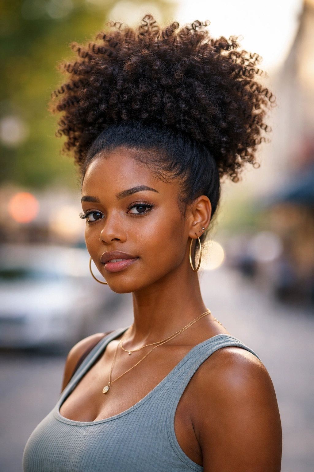 Portrait of woman with high puff pineapple hairstyle outdoors.
