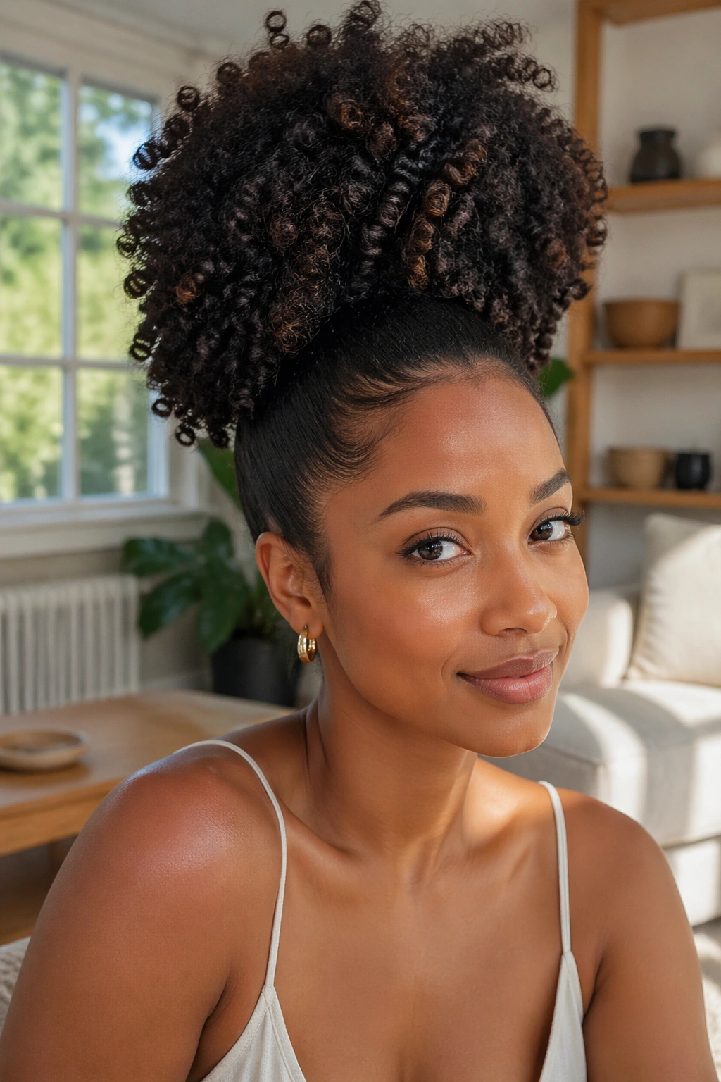 Close-up of a real woman with a high puff ponytail and voluminous 3C curls