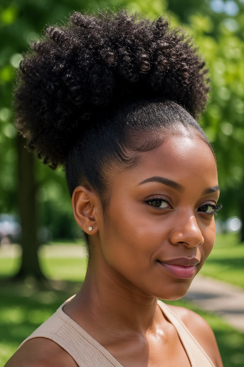Real woman with a large high puff ponytail outdoors in a park