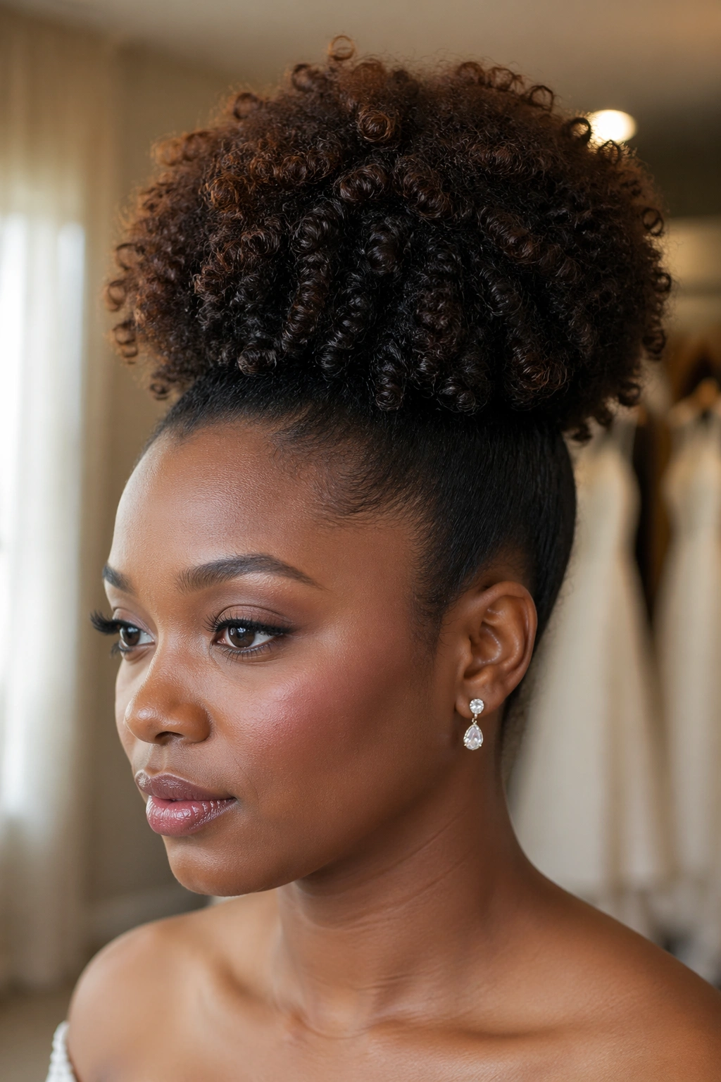 Close-up of high puff ponytail on a real person in bridal suite