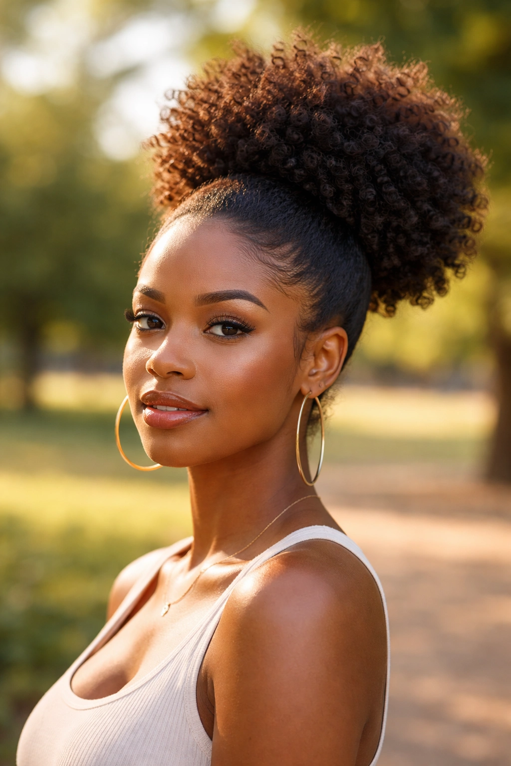 Close-up of a Black woman with a high puff ponytail in a sunlit park