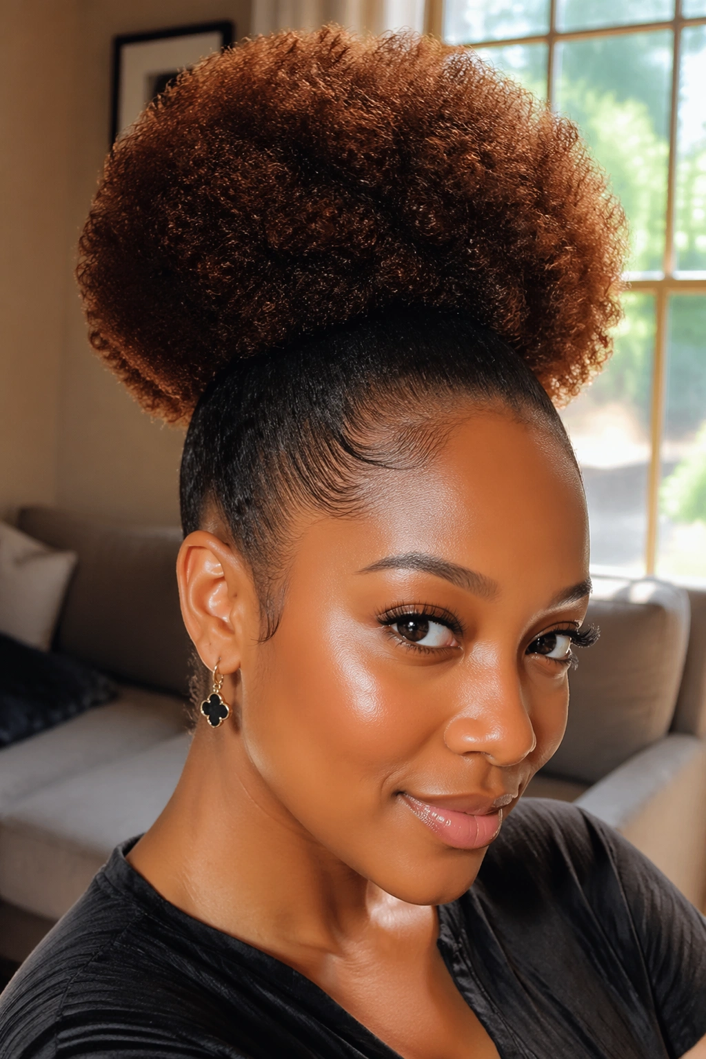Real woman with high puff drawstring ponytail, crown volume, natural window-lit living room