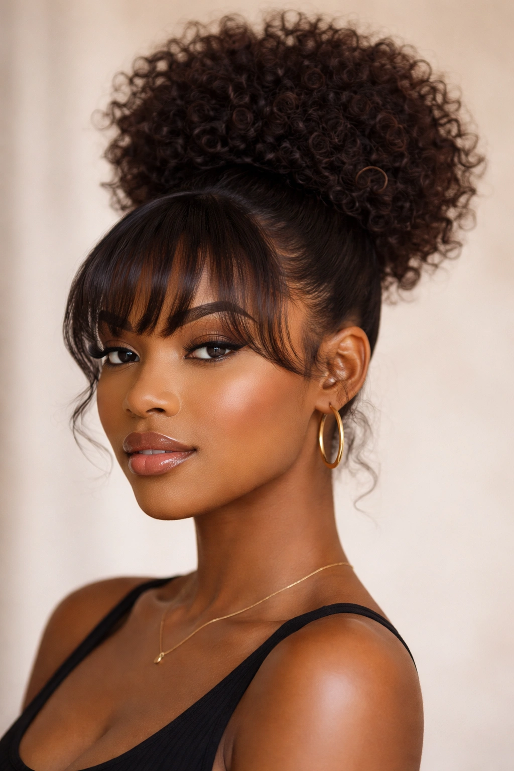 Close-up of high puff ponytail with shaped bangs and edge detail on natural hair
