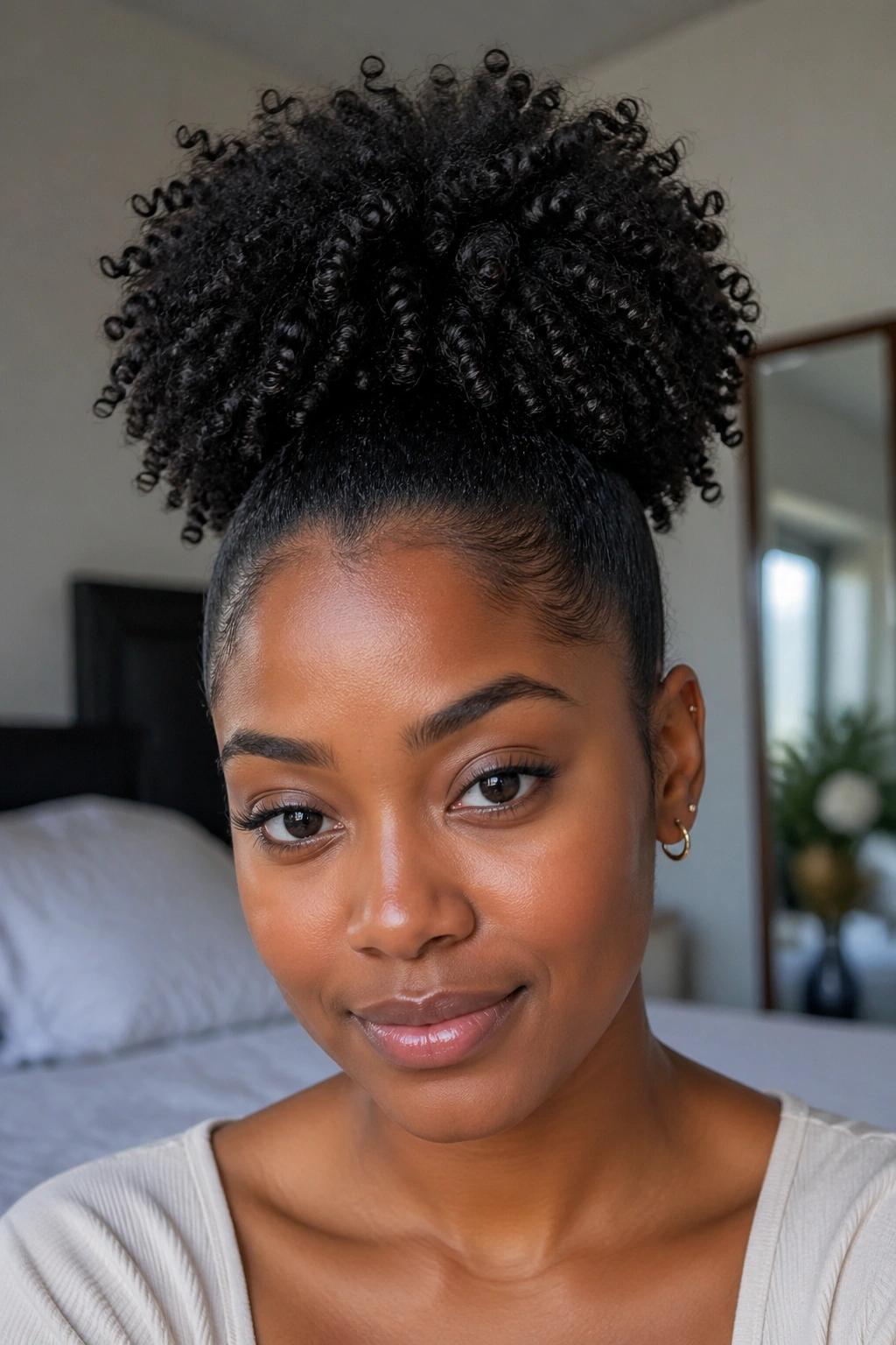 Close-up portrait of a real woman with a high puff ponytail centered on the crown.