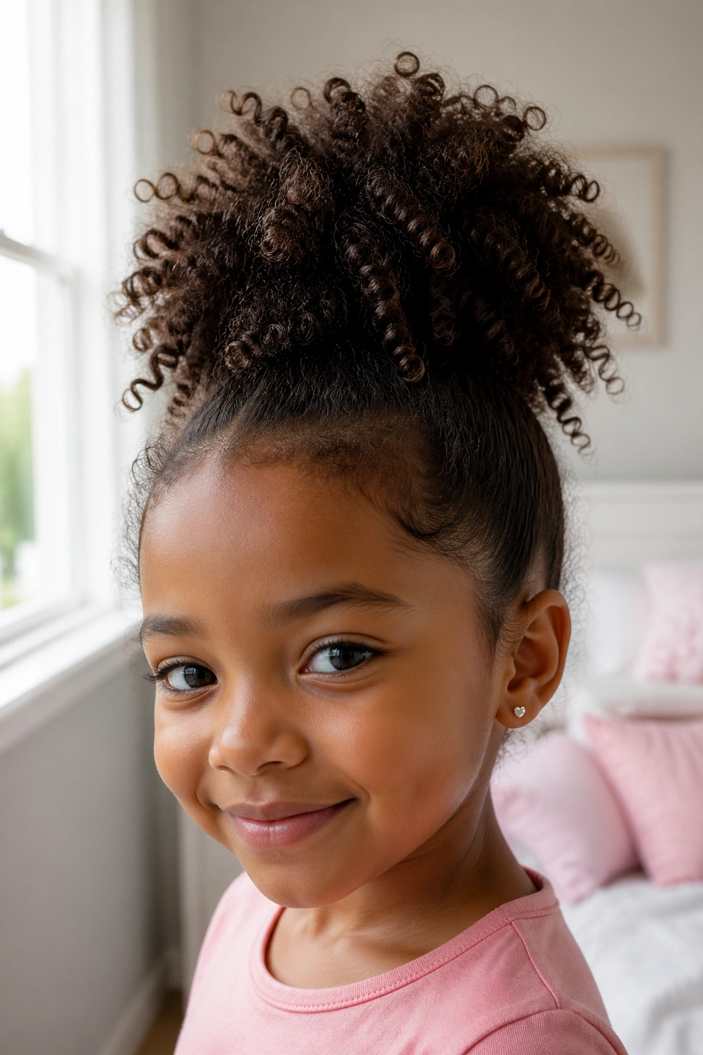 Close-up of a child with a high puff ponytail in sunlit bedroom