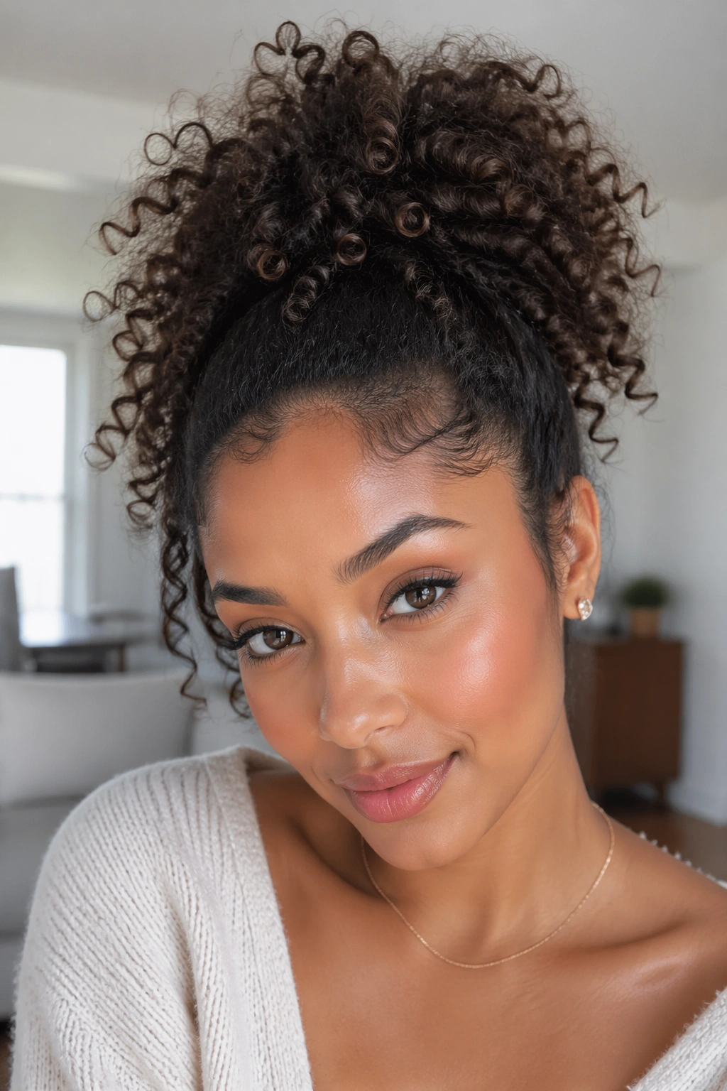 Close-up portrait of a real woman with a high puff ponytail at the crown