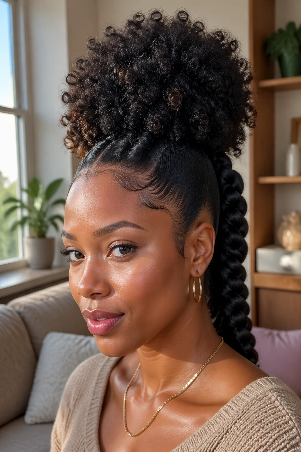 Close-up of a real woman with a high puff twist ponytail in natural daylight