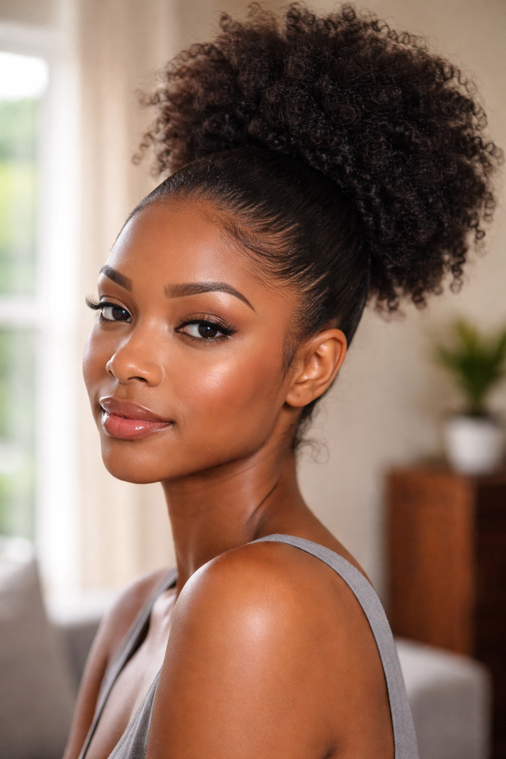 Close-up of a real woman's head with a tall high puff ponytail.