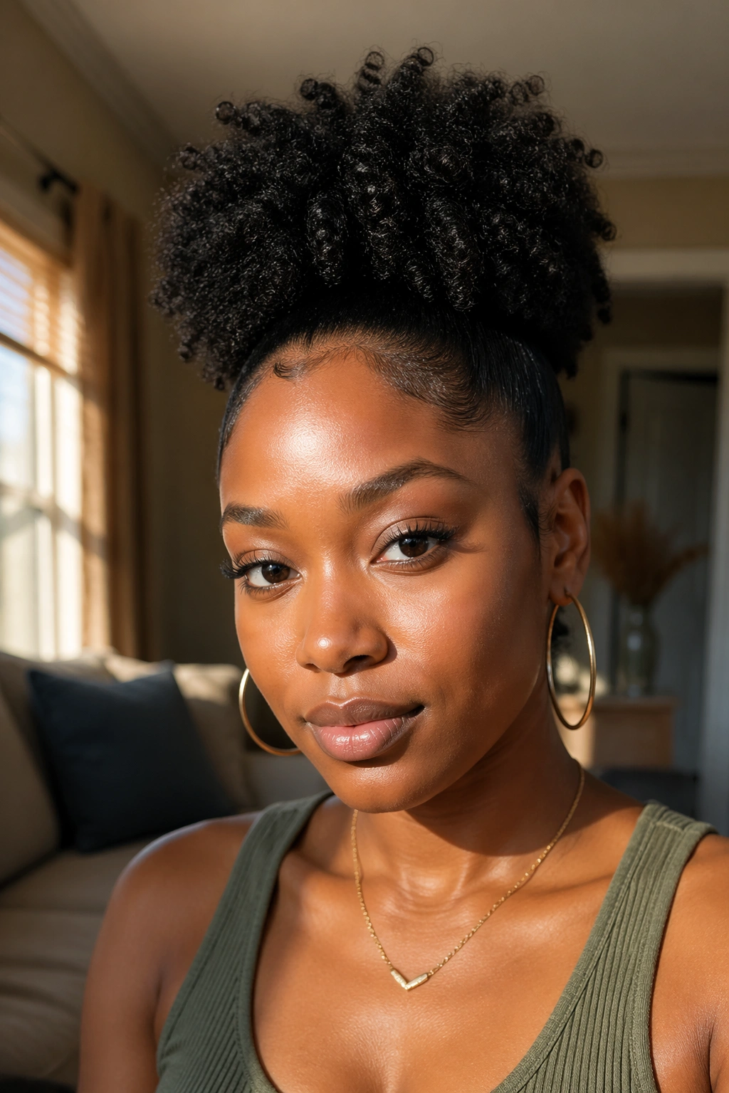 Close-up of a Black woman with a high puff ponytail at the crown in warm window light.