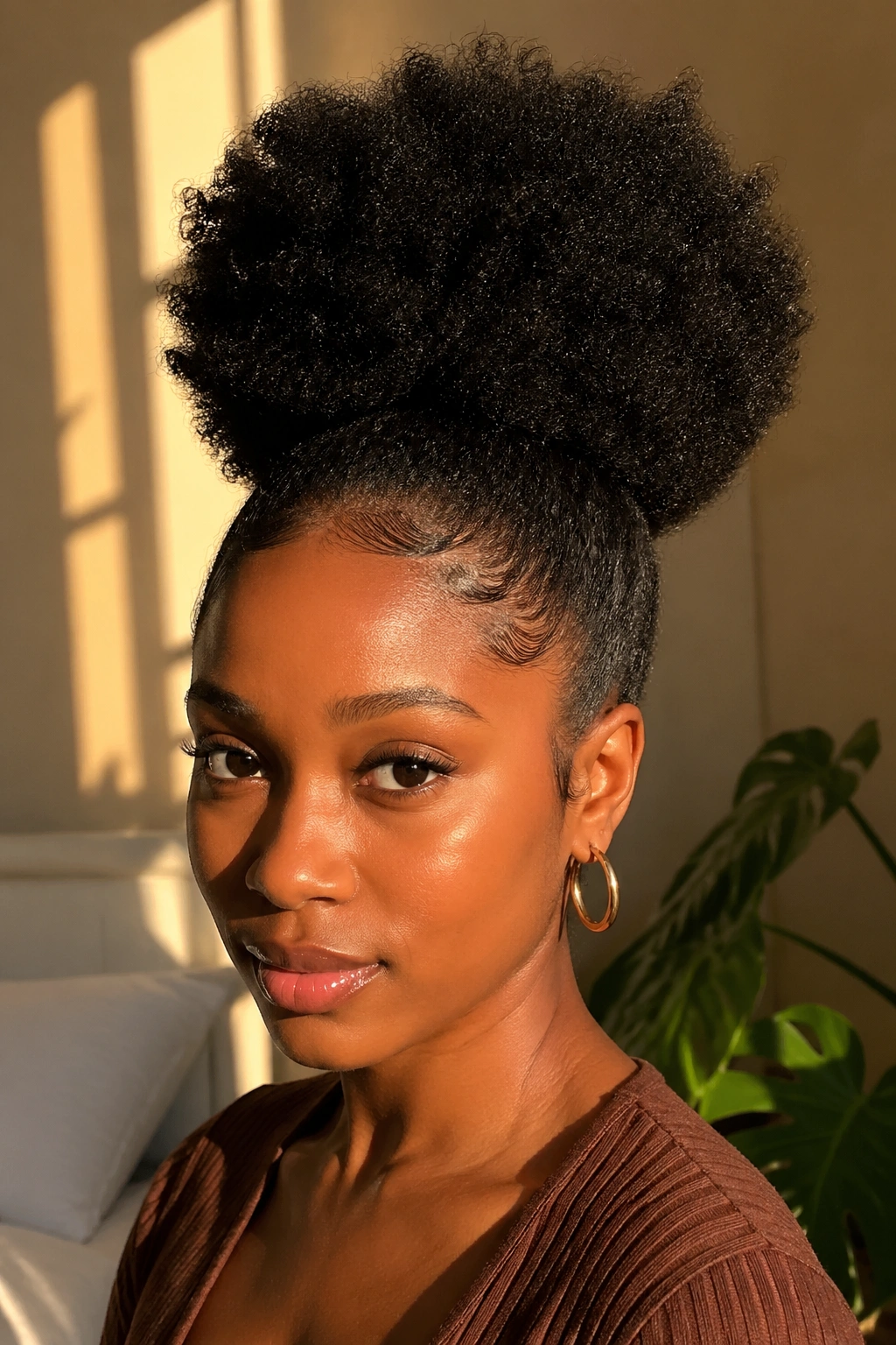 Portrait of a Black woman with a high puff hairstyle