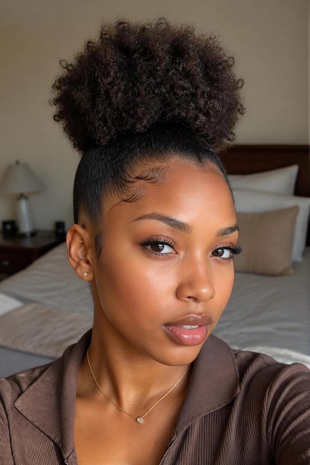 Portrait of a real woman with a classic high puff hairstyle