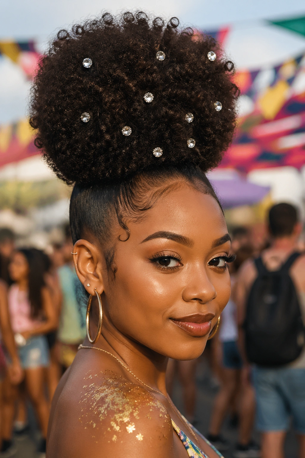 Close-up of high curly puff with rhinestones at festival