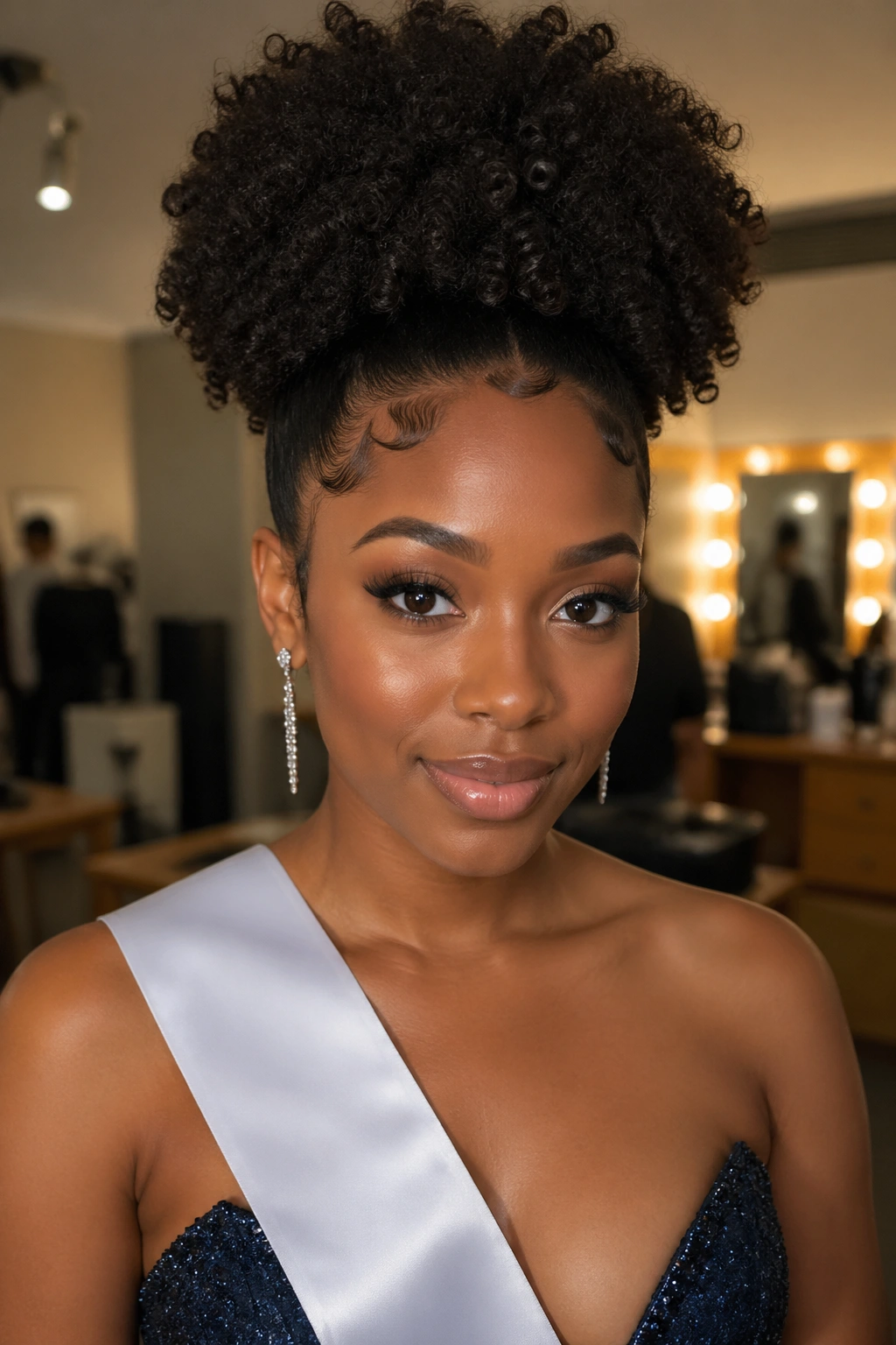 Close-up of a real woman with a high puff and sash in dressing room lighting