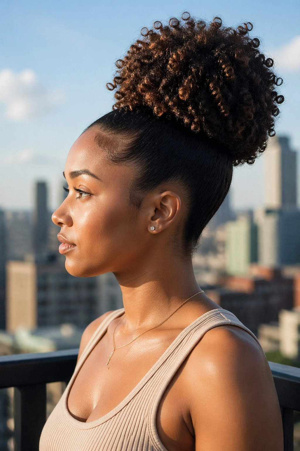 Side profile of a sleek high puff with a city backdrop.