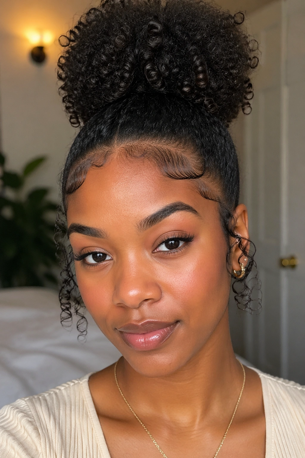 Real woman with high puff hairstyle and soft edges.