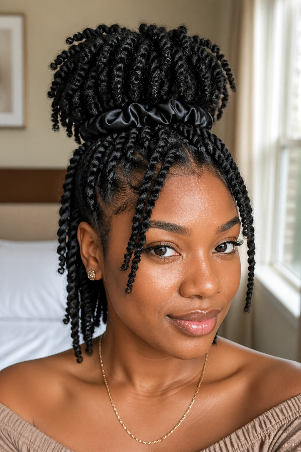 Real woman with high puff twists at crown close-up portrait