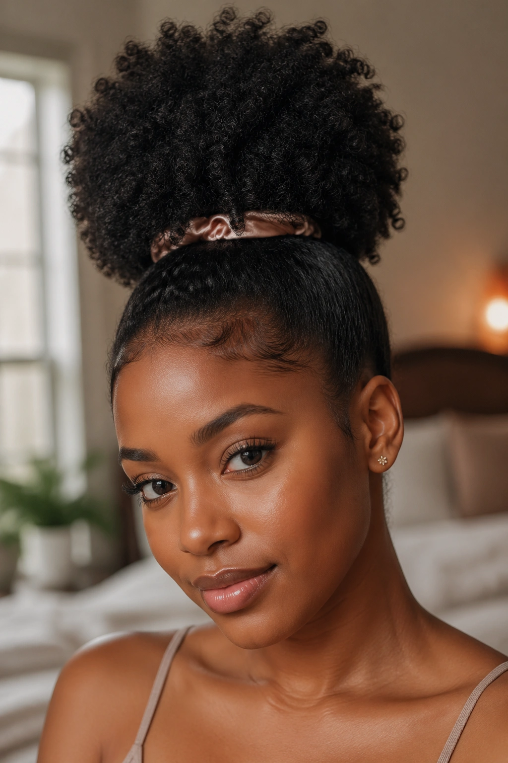 Close-up portrait of a real woman with a high puff on Type 4 curls in natural window light