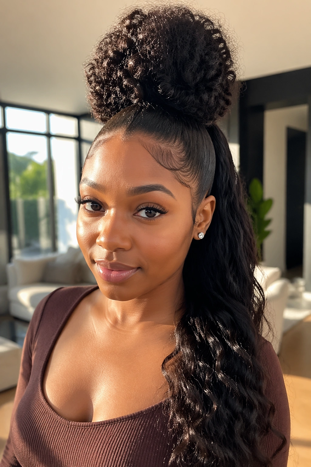 Close-up portrait of a real woman with a high puff and long weave ponytail