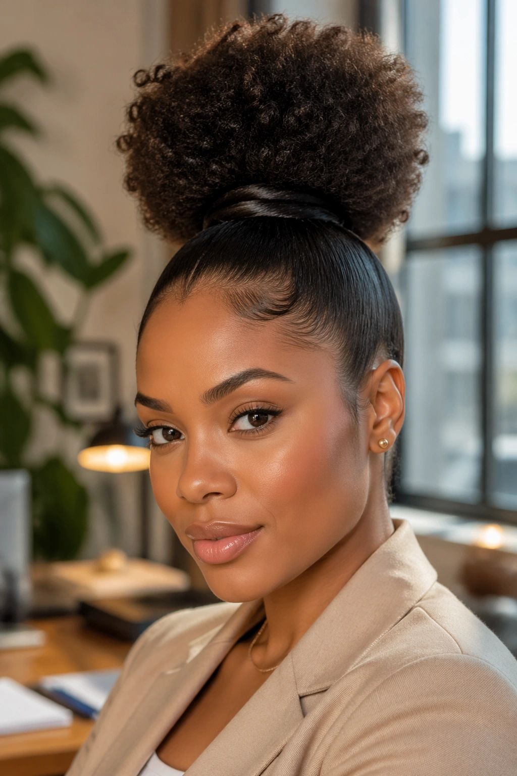 Close-up portrait of a real woman with a high puff and wrapped base hairstyle for work.
