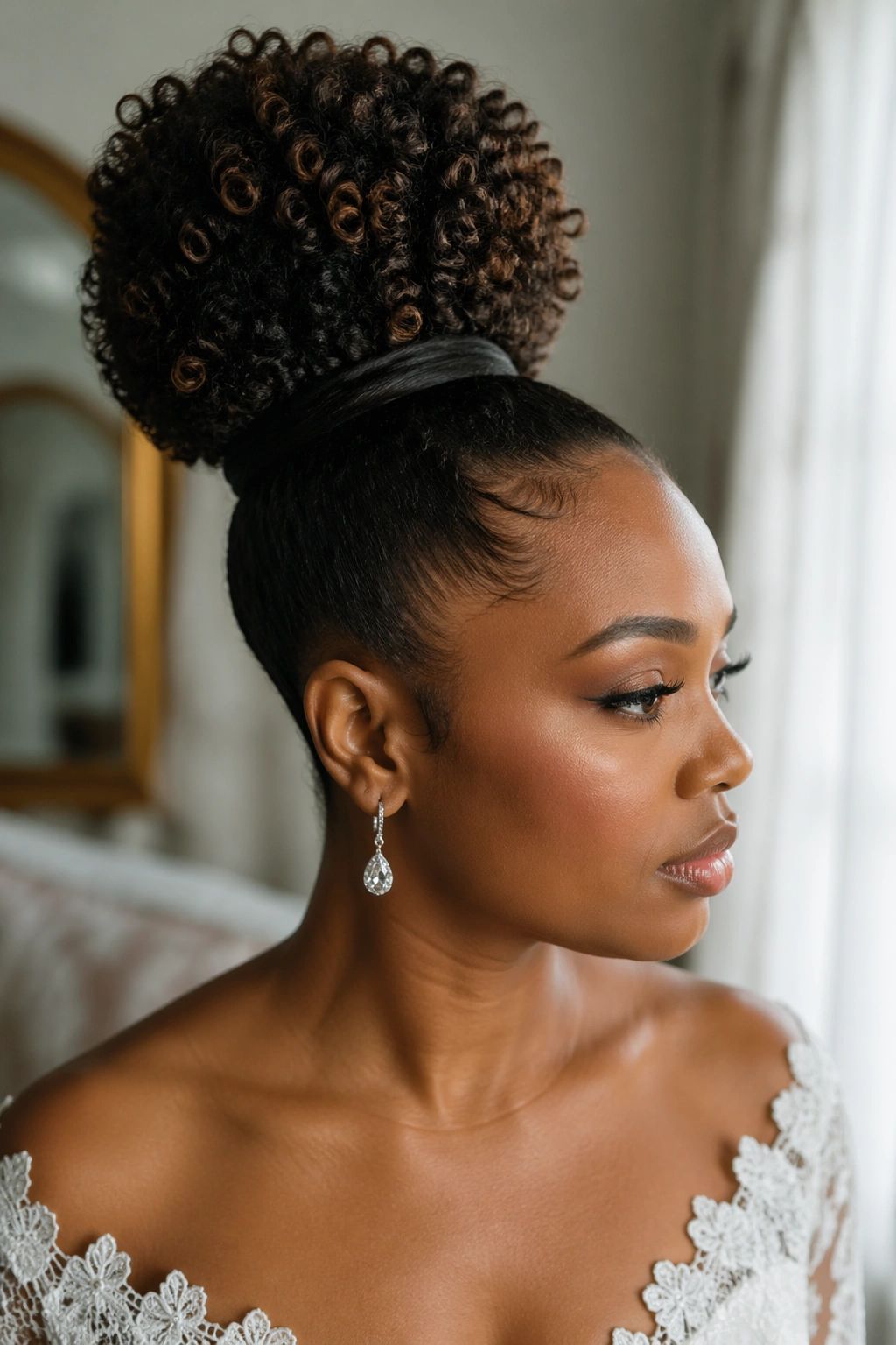 Bride with a high puff and wrapped base.