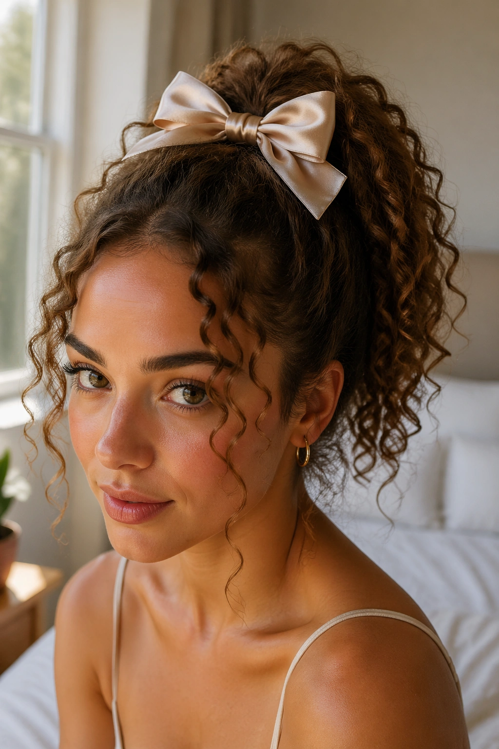 Close-up of a real woman with a high satin bow ponytail and curls spilling from the crown