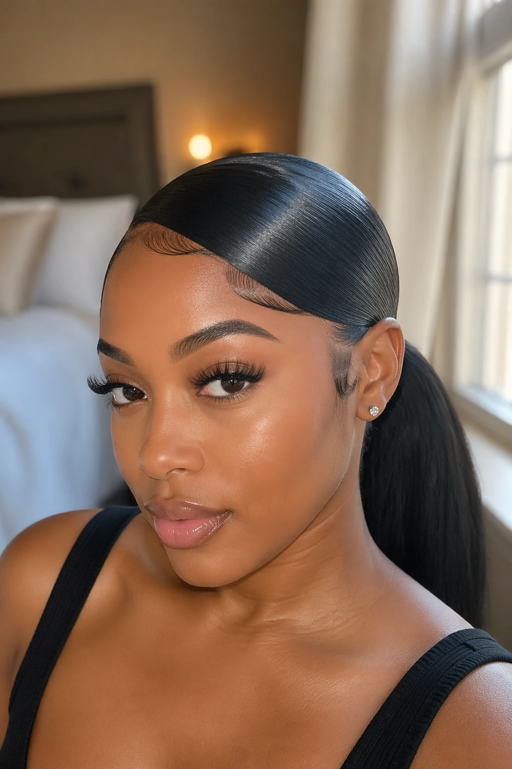 Close-up of a woman with a glossy high-shine mid swoop and flat-pressed front ponytail