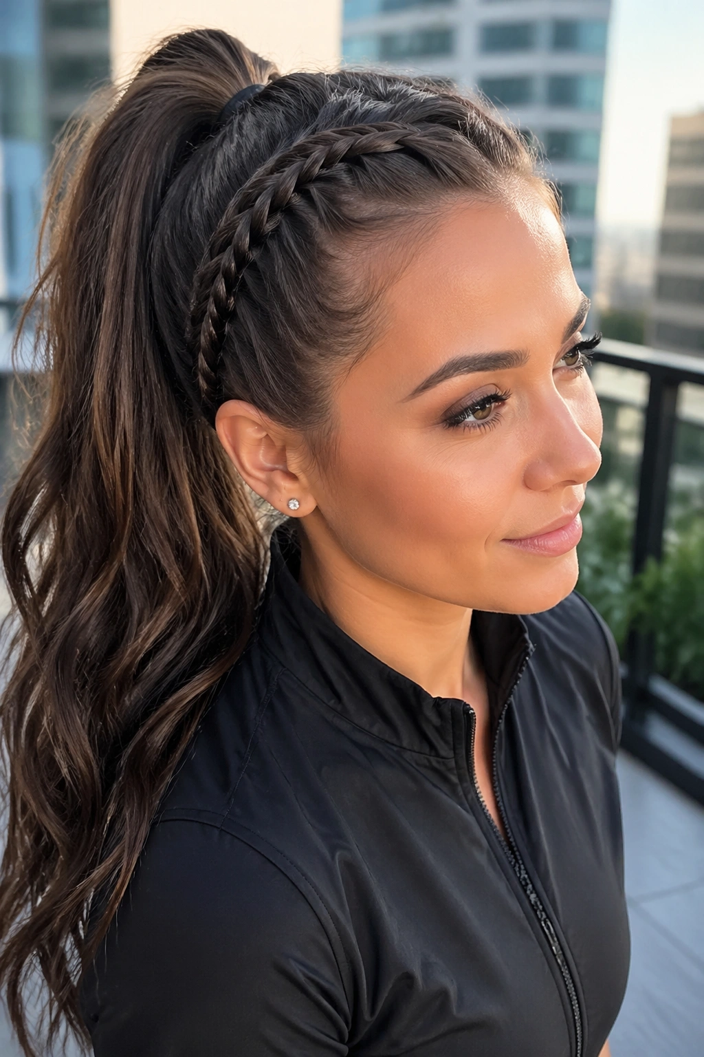 Real woman with high side braid flowing into a ponytail