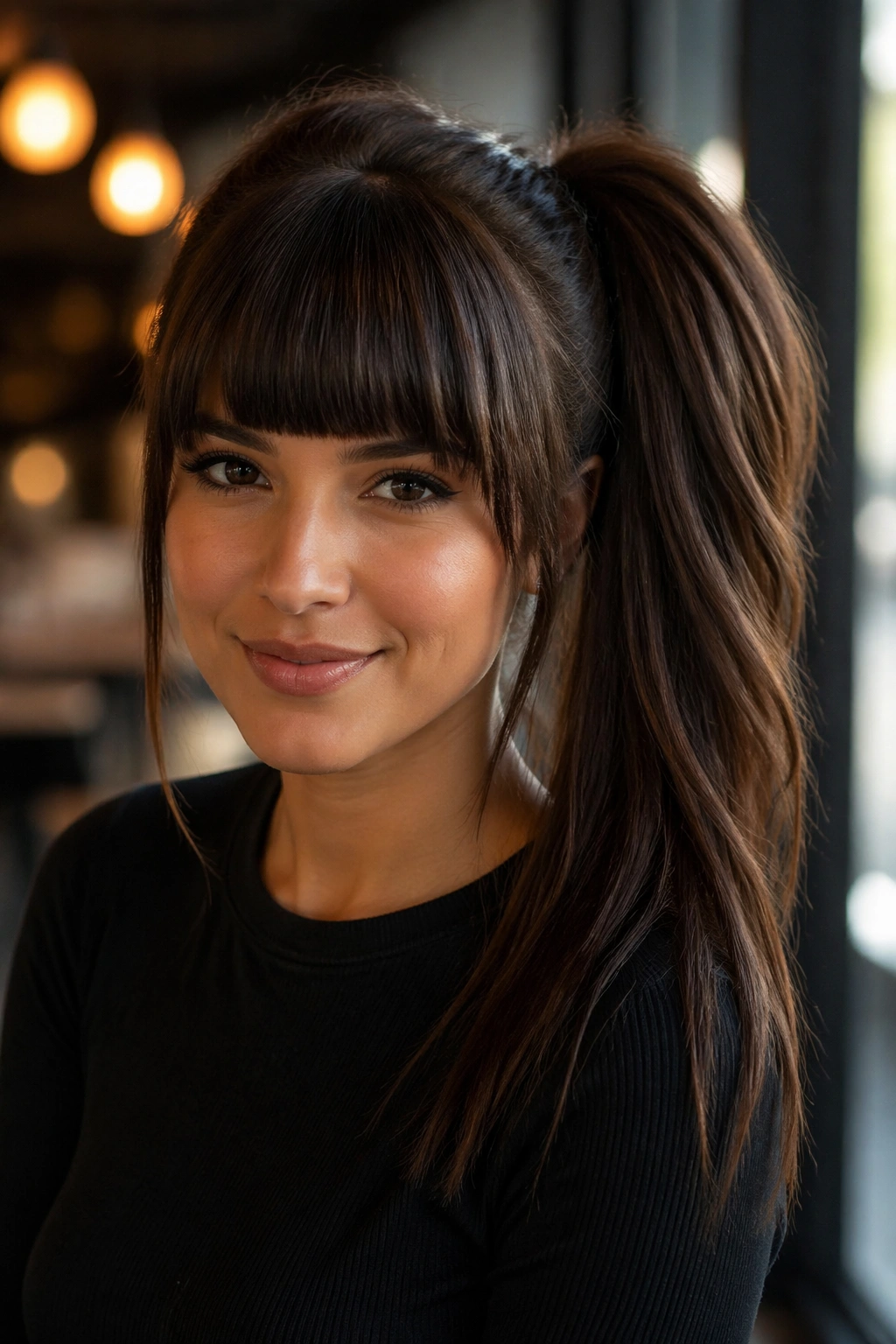 Close-up of a woman with a high side ponytail and blunt bangs in a modern cafe setting