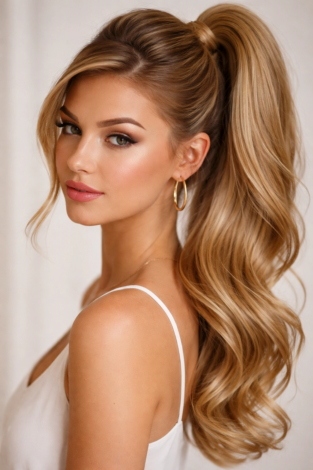 High side ponytail with crown lift and curled ends
