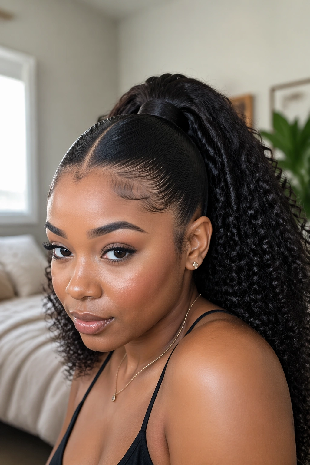 Close-up portrait of real person wearing a high-sleek V-part ponytail with tight crown.