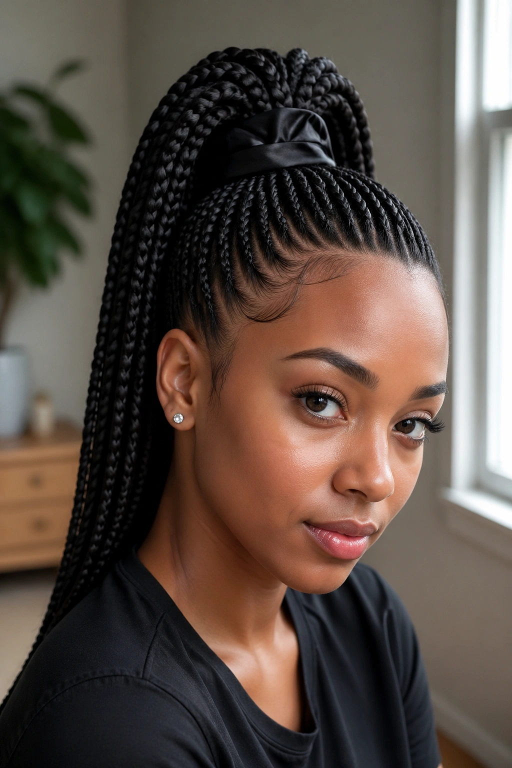 Close-up of a woman with a high crown box braid ponytail, sleek and neat.