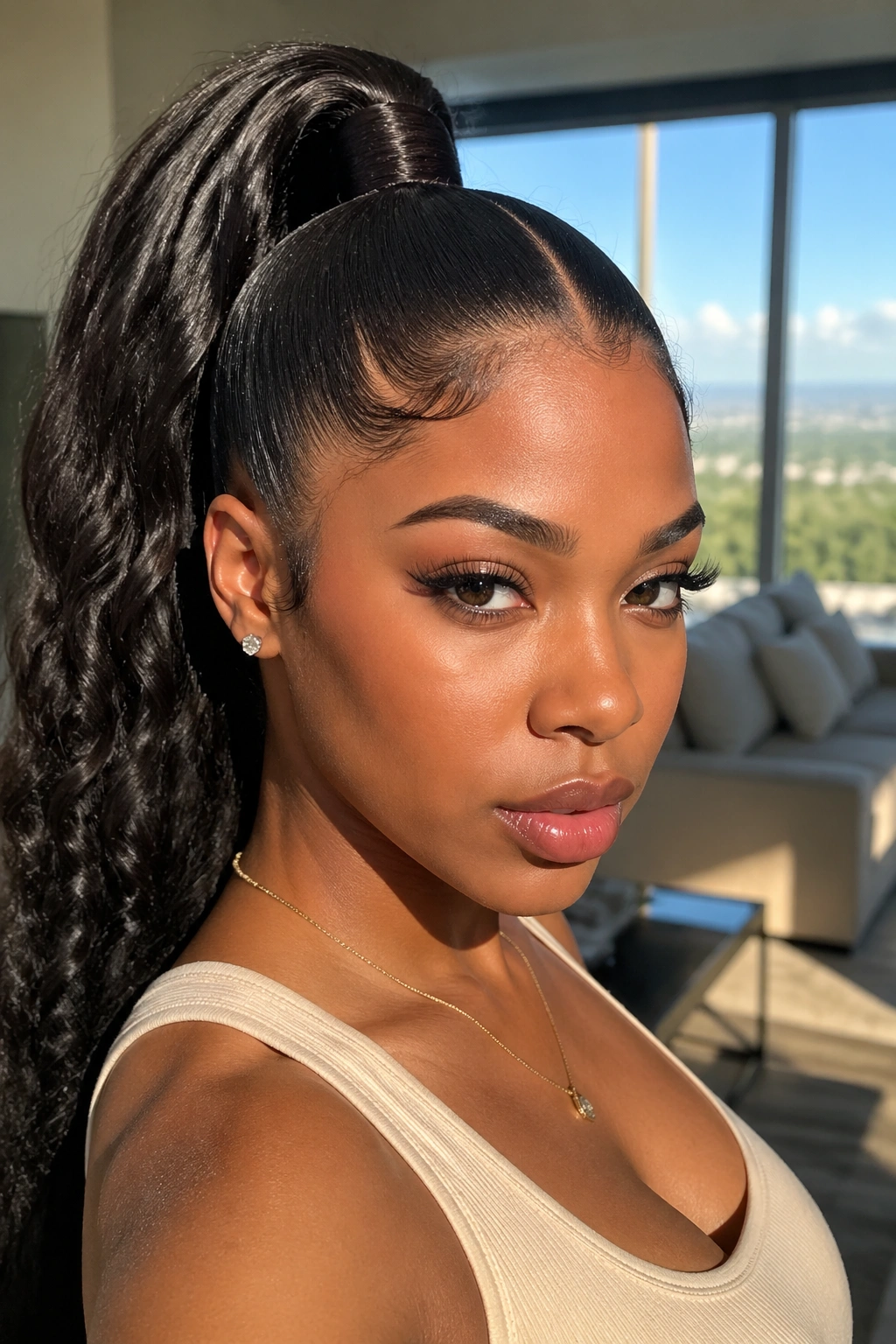 Close-up of a real Black woman with a high snatched middle part ponytail lifted to crown