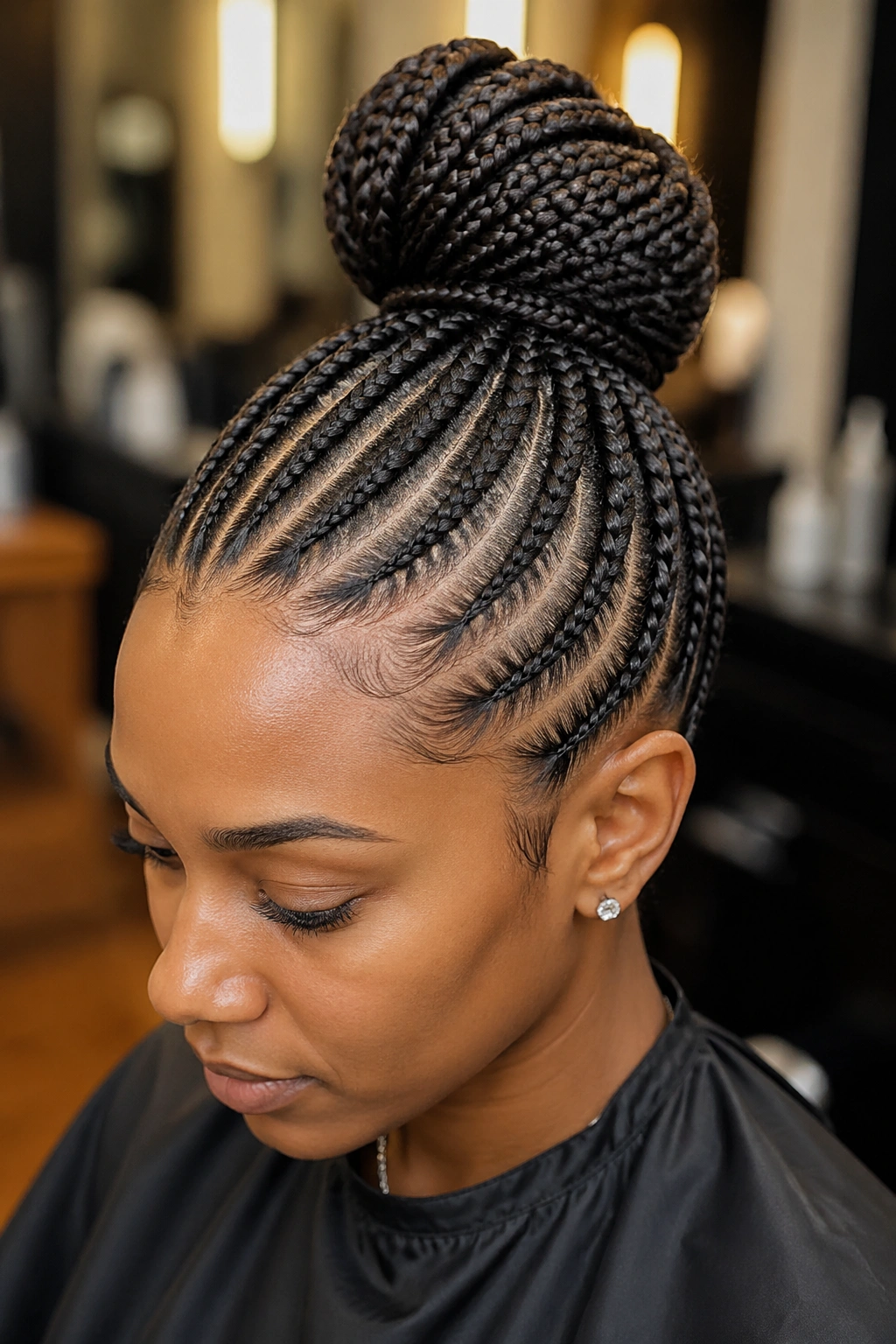 Real person with high stitch bun formed from small stitch cornrows