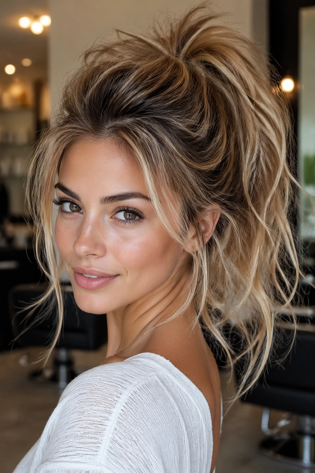 Close-up portrait of a real woman with a high messy ponytail and teased crown