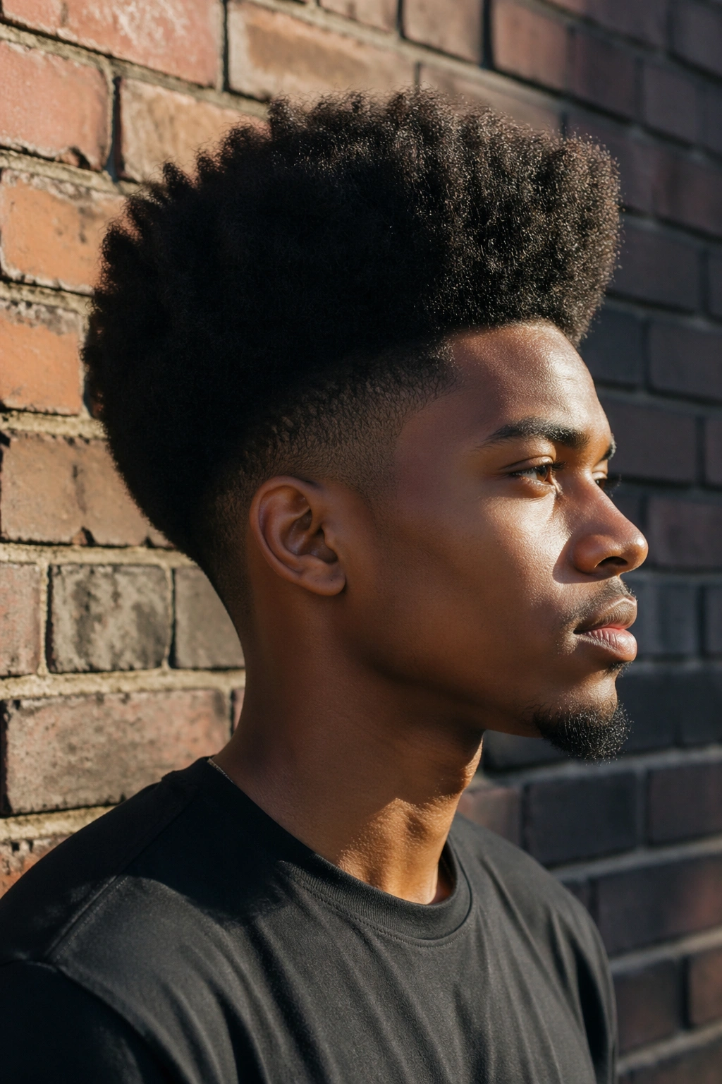 Side profile of a high-top curly afro against brick wall.