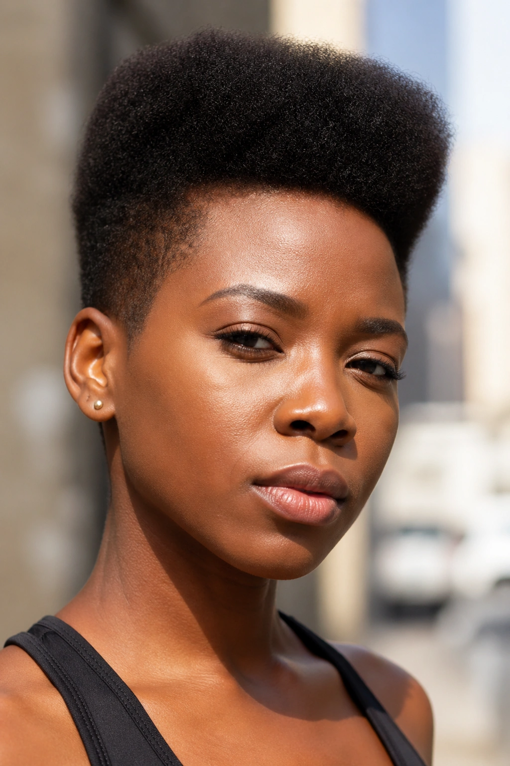 Close-up of a real woman with a high-top Afro crown and short sides.