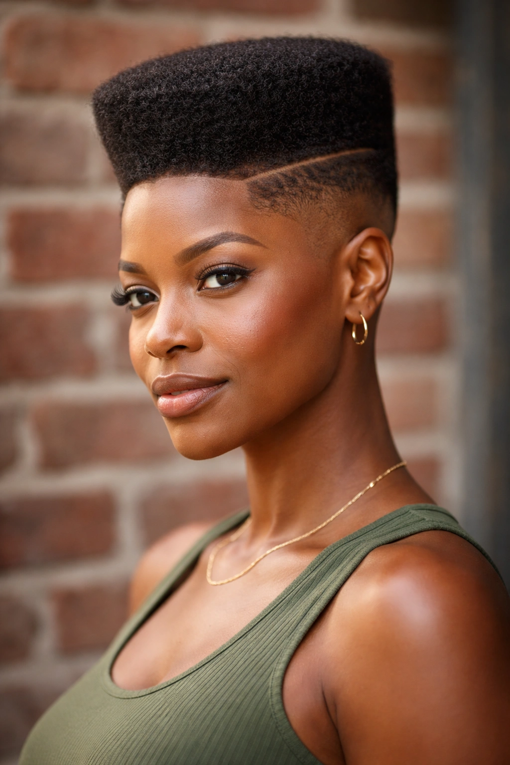 Close-up portrait of a real woman with a sculpted high-top fade against an urban brick wall