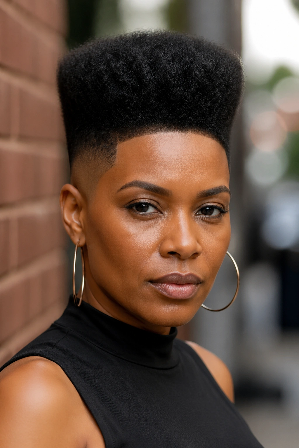 Portrait of a woman with a bold high top fade Afro in natural daylight