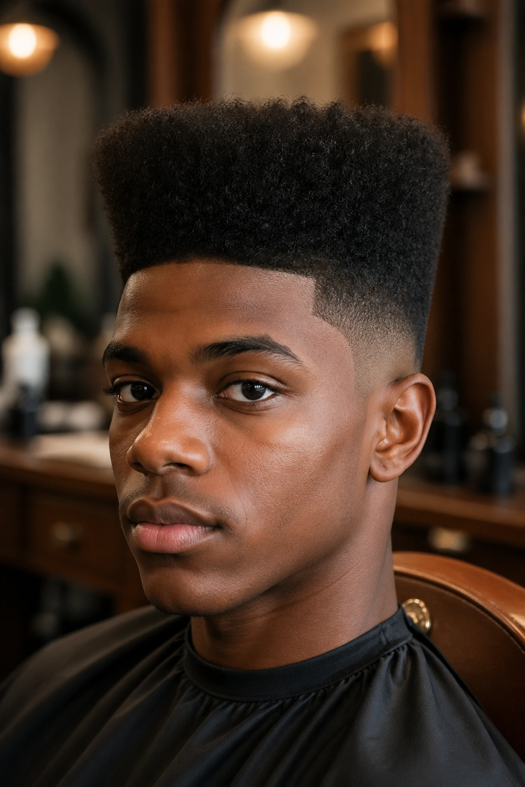 Close-up of a real person with a high-top fade hairstyle featuring a flat top and faded sides