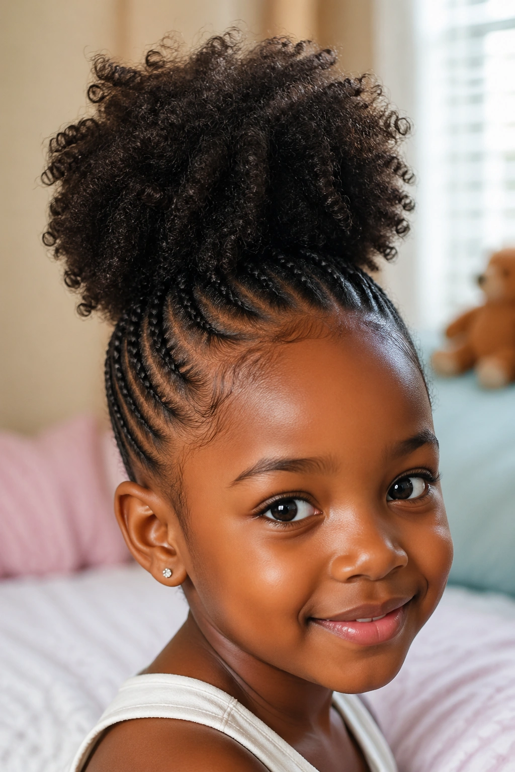 Close-up of a child’s head showing a high top puff with cornrowed sides