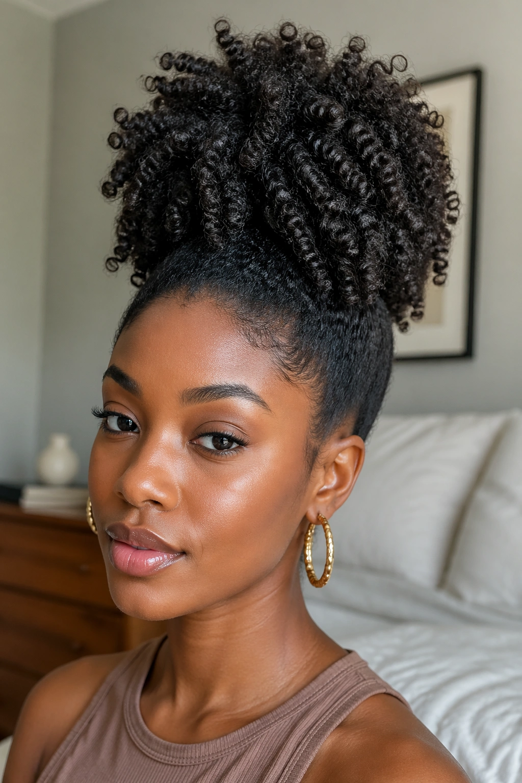 Portrait of a real person with a tall twist-out high-top puff at crown.